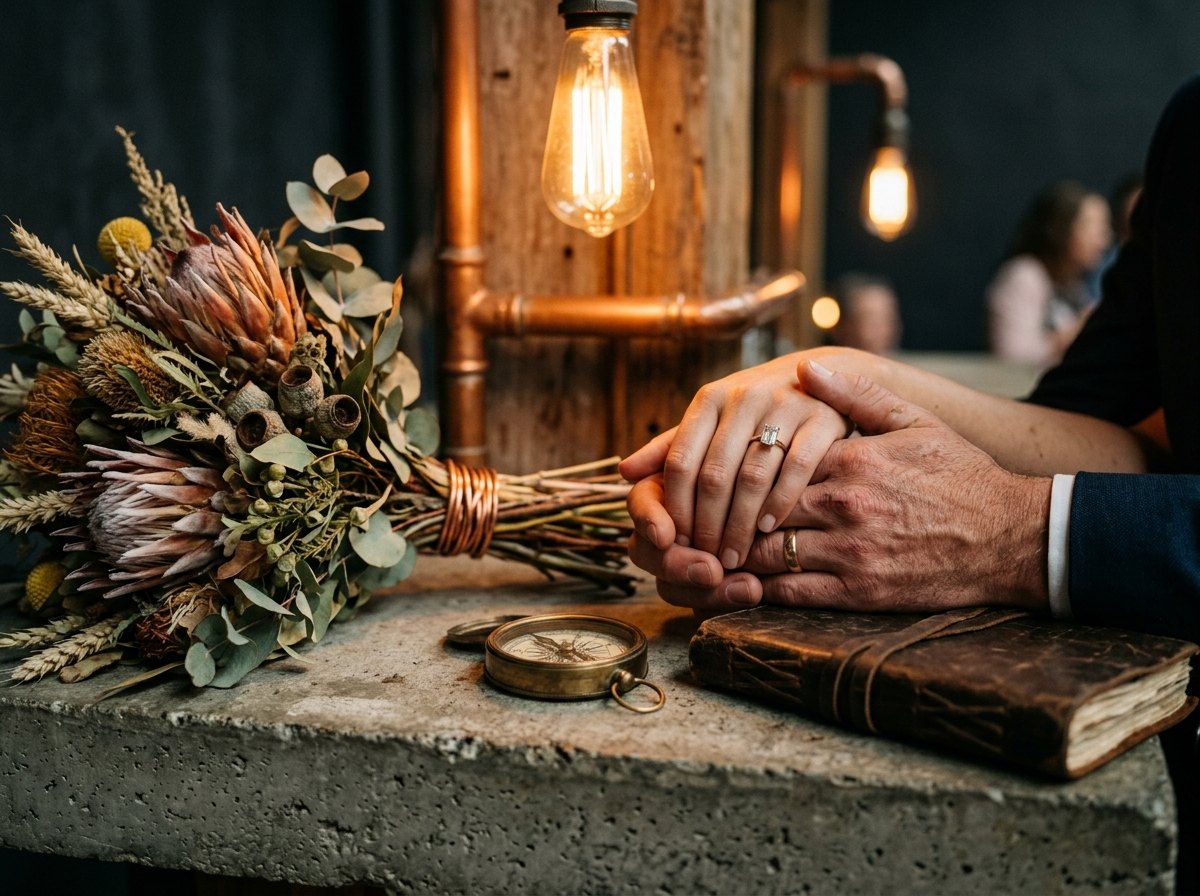 Engagement ring close-up with industrial details